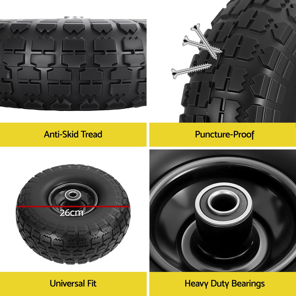 Solid Rubber Tyre & Wheel Set 2pc | 4.10/3.50-4 | 26cm | Flat Free | 5/8" Bore | Double Sealed Bearings (Set 2)