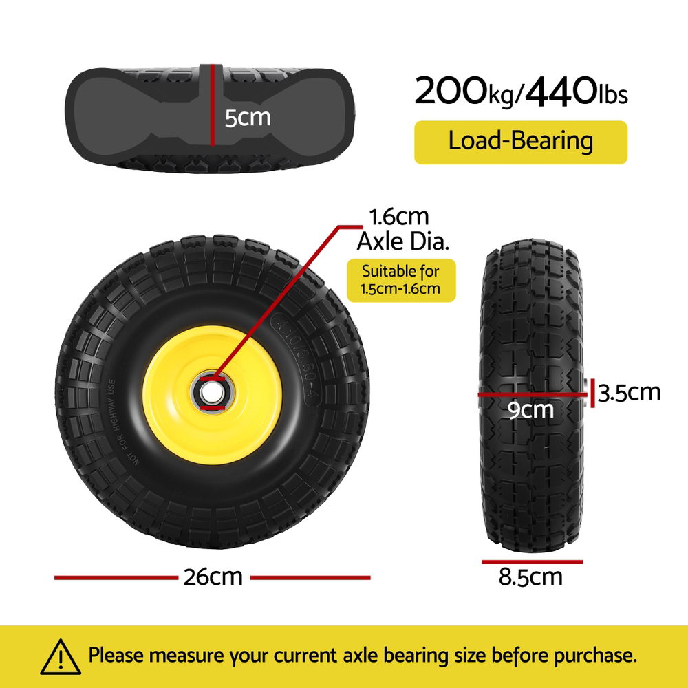 Flat-Free Wheelbarrow Tyres Set 2pc | 4.10/3.50-4 | 26cm Solid Rubber | 5/8" Axle Bore | Sealed Bearings (Set 1)