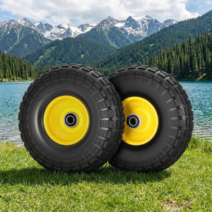 Flat-Free Wheelbarrow Tyres Set 2pc | 4.10/3.50-4 | 26cm Solid Rubber | 5/8" Axle Bore | Sealed Bearings (Set 1)