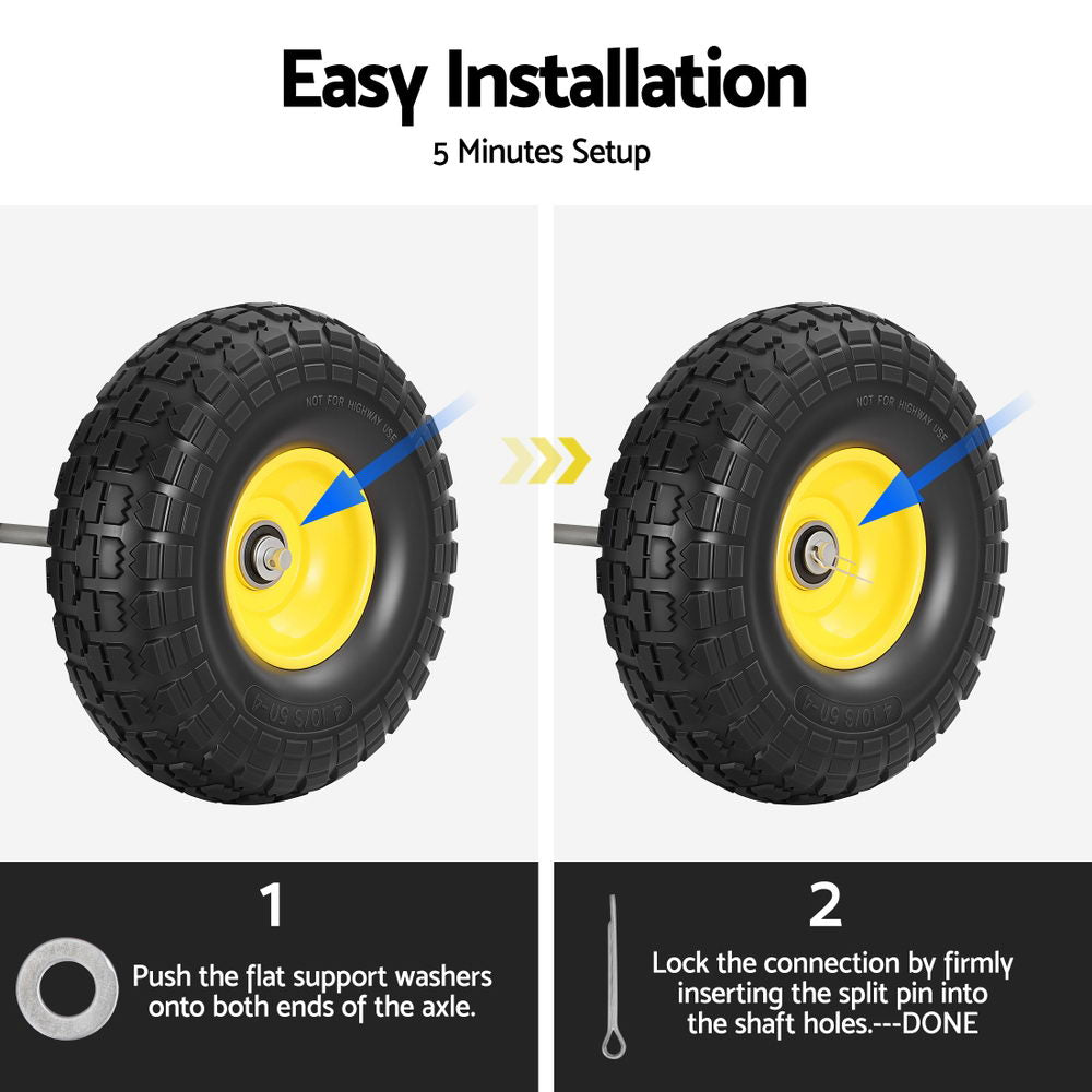 Flat-Free Wheelbarrow Tyres Set 2pc | 4.10/3.50-4 | 26cm Solid Rubber | 5/8" Axle Bore | Sealed Bearings (Set 1)