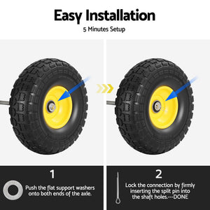 Flat-Free Wheelbarrow Tyres Set 2pc | 4.10/3.50-4 | 26cm Solid Rubber | 5/8" Axle Bore | Sealed Bearings (Set 1)