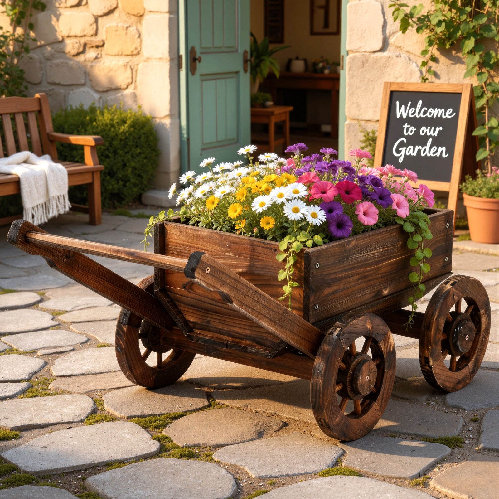 Wooden Planter Cart | Large Fir Wood Flower Wagon with Wheels