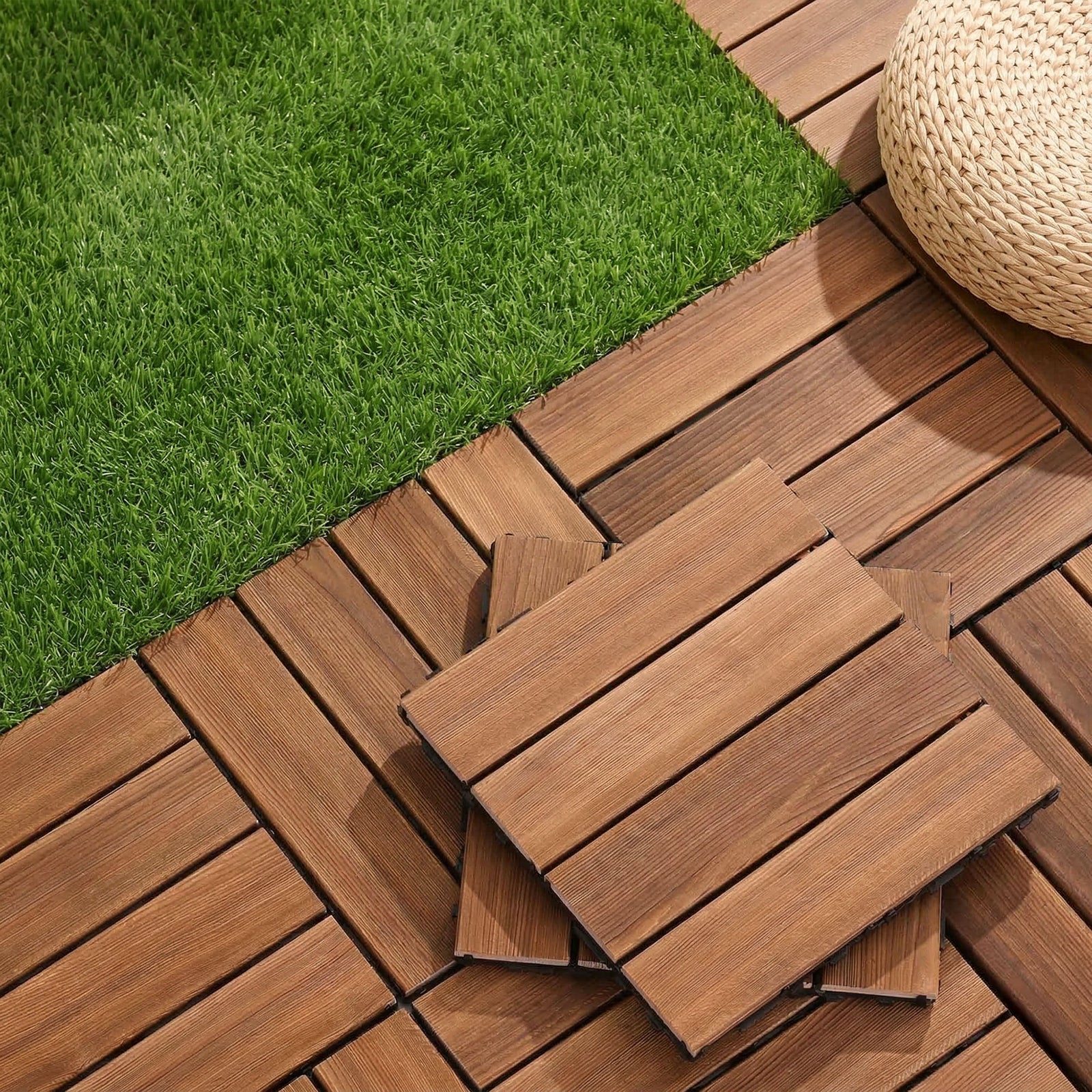 Wood Deck Tiles | 10 Pack Interlocking Outdoor Floor Tiles | 30 x 30cm