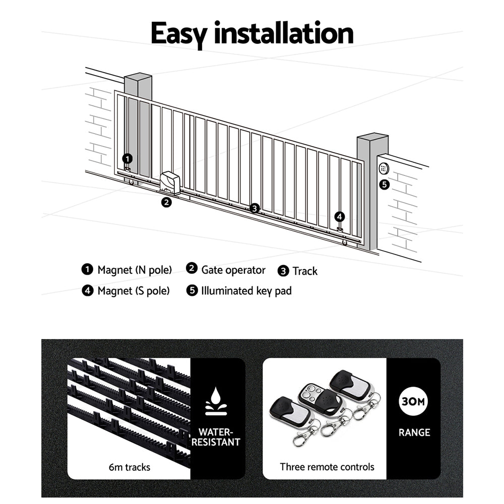 Lockmaster Automatic Sliding Gate Opener Kit | Electric | 6M | 600KG | 3 Control Remotes
