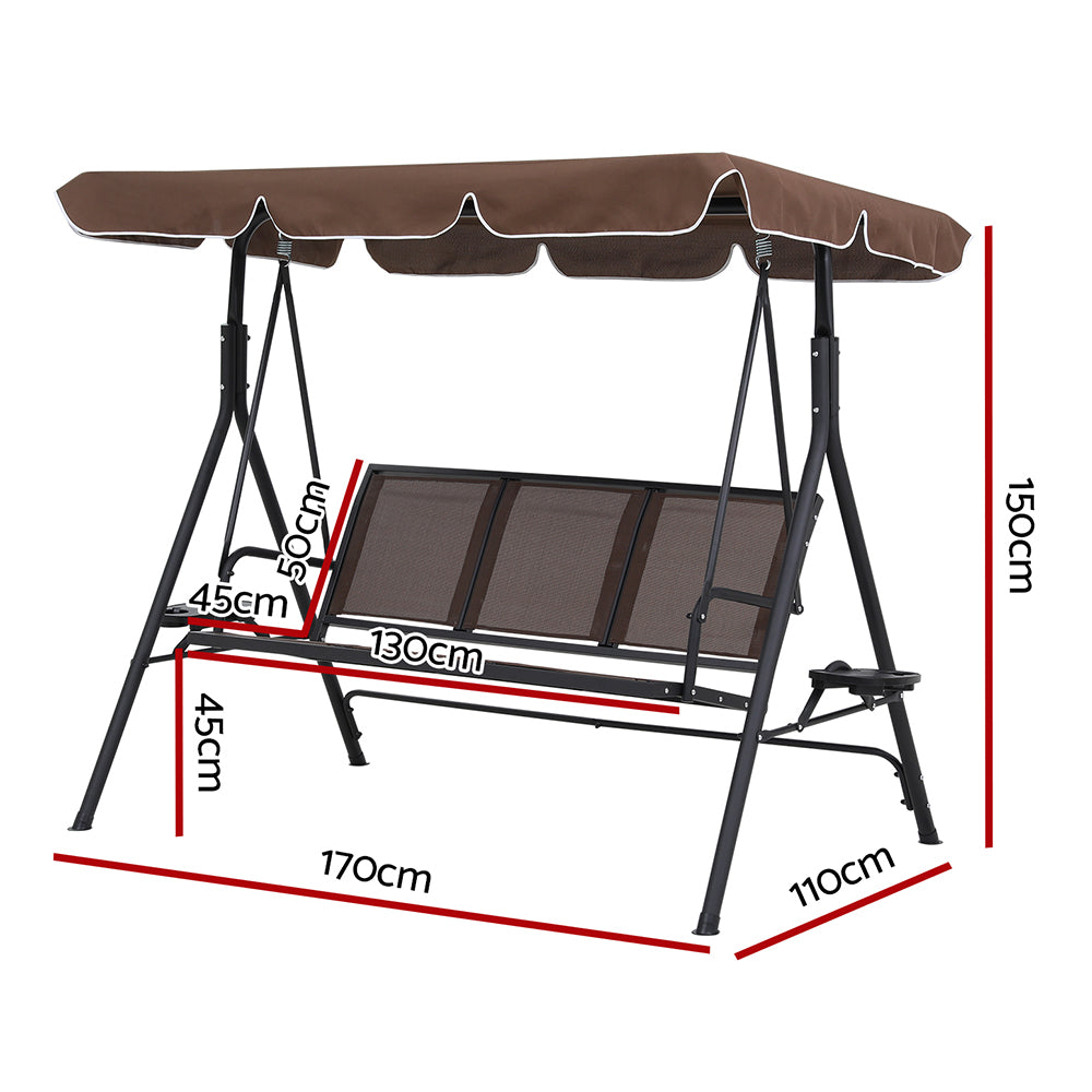 Outdoor Swing Chair | Garden Furniture | Canopy Cup Holder | 3 Seater | Brown