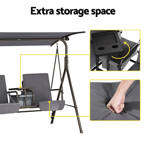 Outdoor Swing Chair | Garden Furniture | Canopy Cup Holder | 2 Seater | Grey