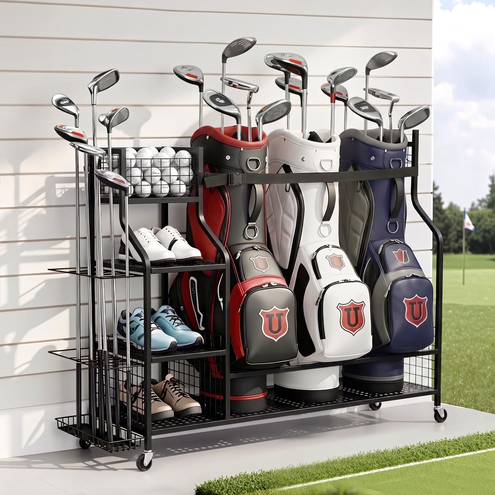 Golf Bag Storage Rack | 3 Bag Garage Organiser with Wheels | Black