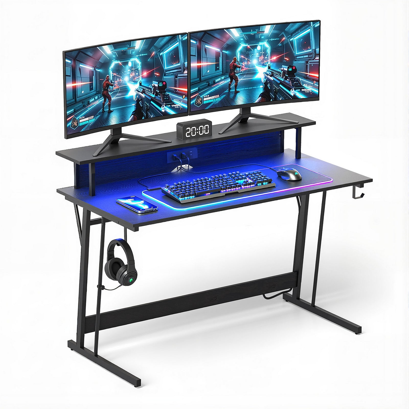 Gaming Desk | 120cm Computer Table with LED Lights, Monitor Shelf & Power