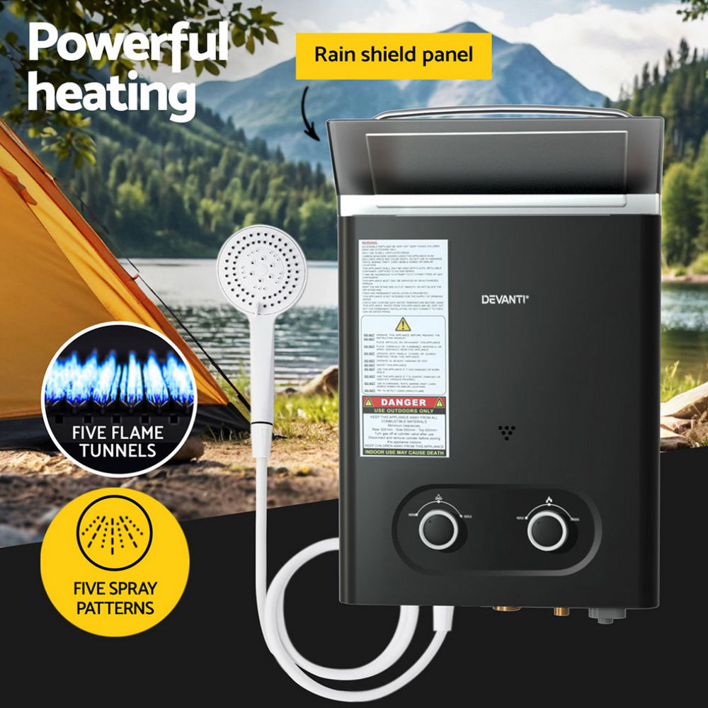 Devanti Portable Gas Water Heater | LPG-Powered System | Black