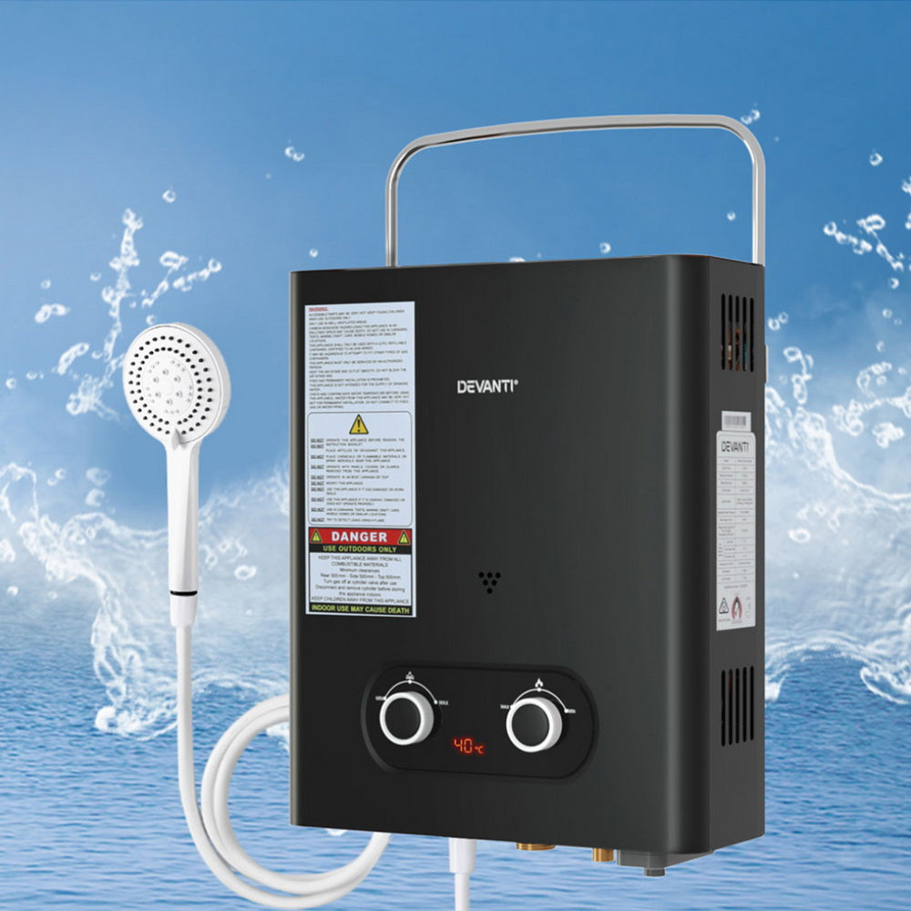 Devanti Portable Gas Water Heater | LPG-Powered System | Black