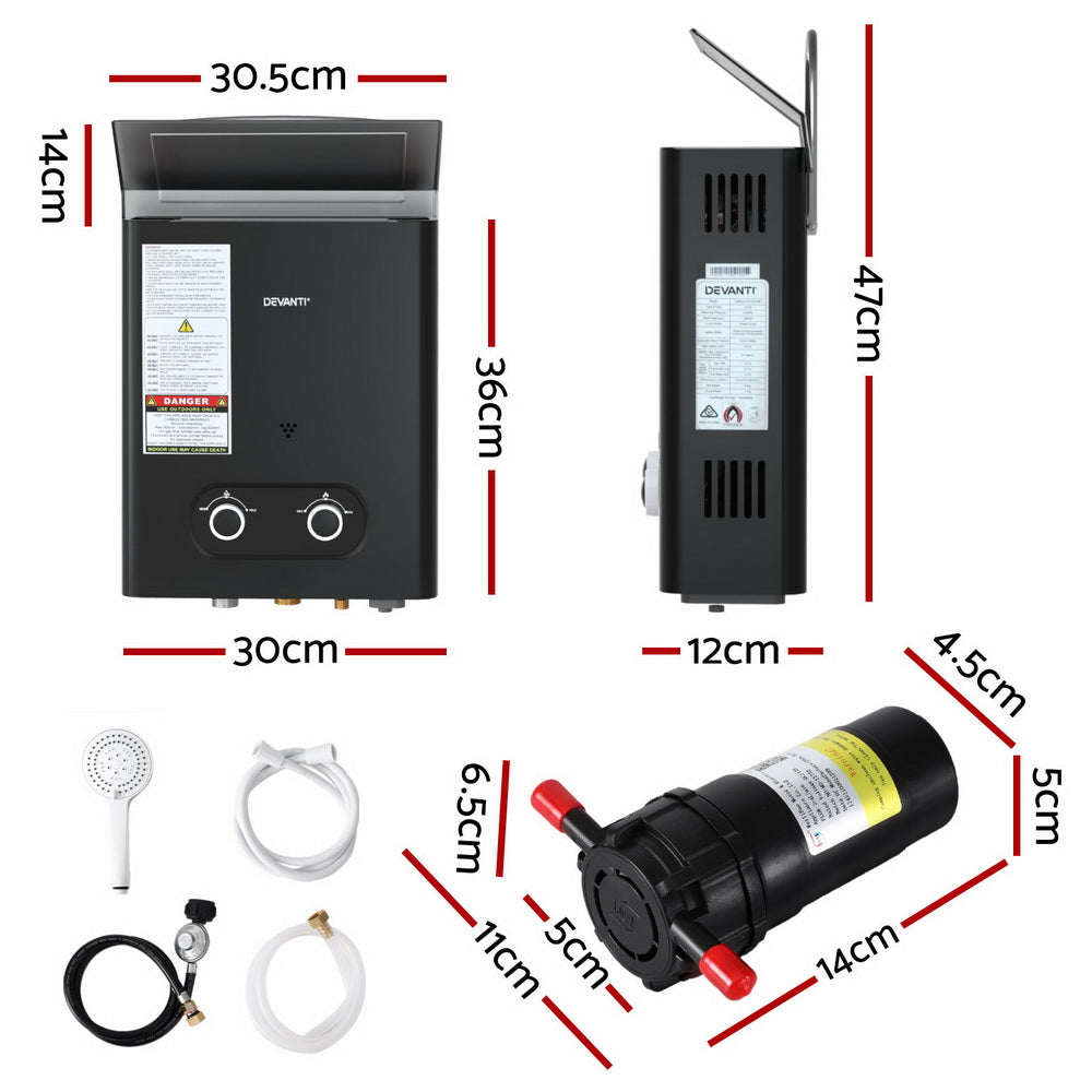 Devanti Gas Water Heater | Portable LPG System with Pump | Black