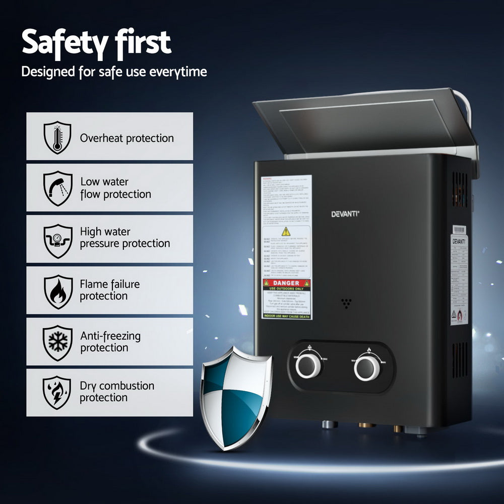 Devanti Gas Water Heater | Portable LPG System with Pump | Black