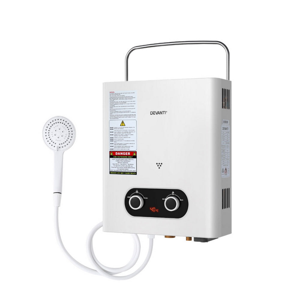 Devanti Portable Gas Water Heater | Outdoor Camping Shower | White