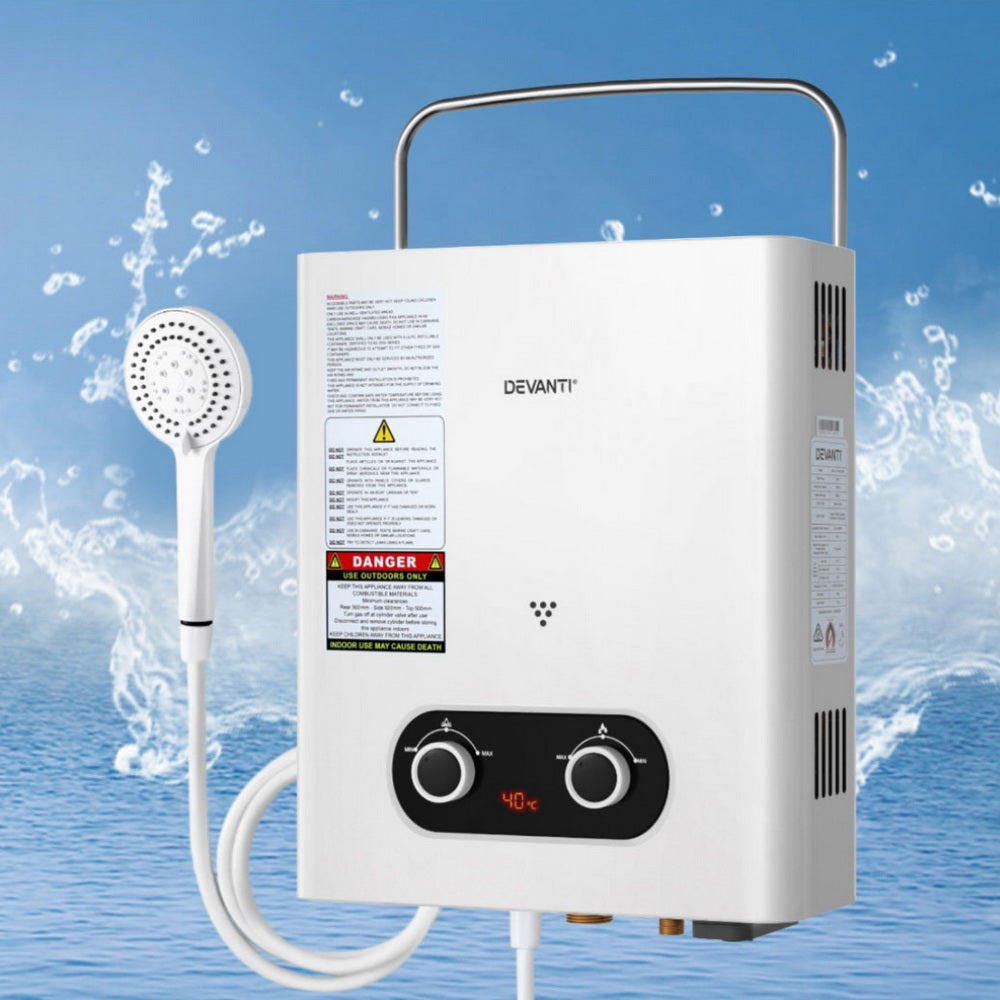 Devanti Portable Gas Water Heater | Outdoor Camping Shower | White