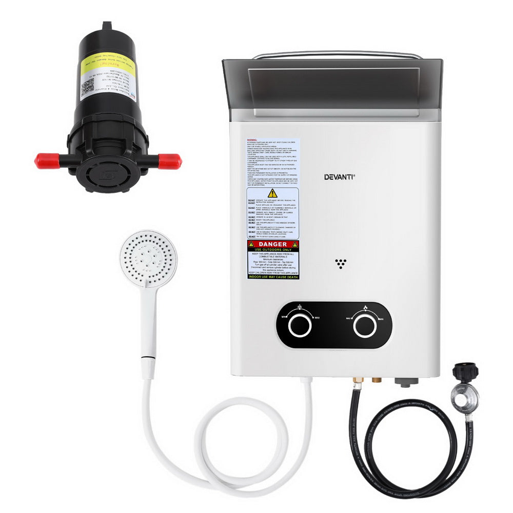 Devanti Gas Water Heater | Portable LPG System with Pump | White