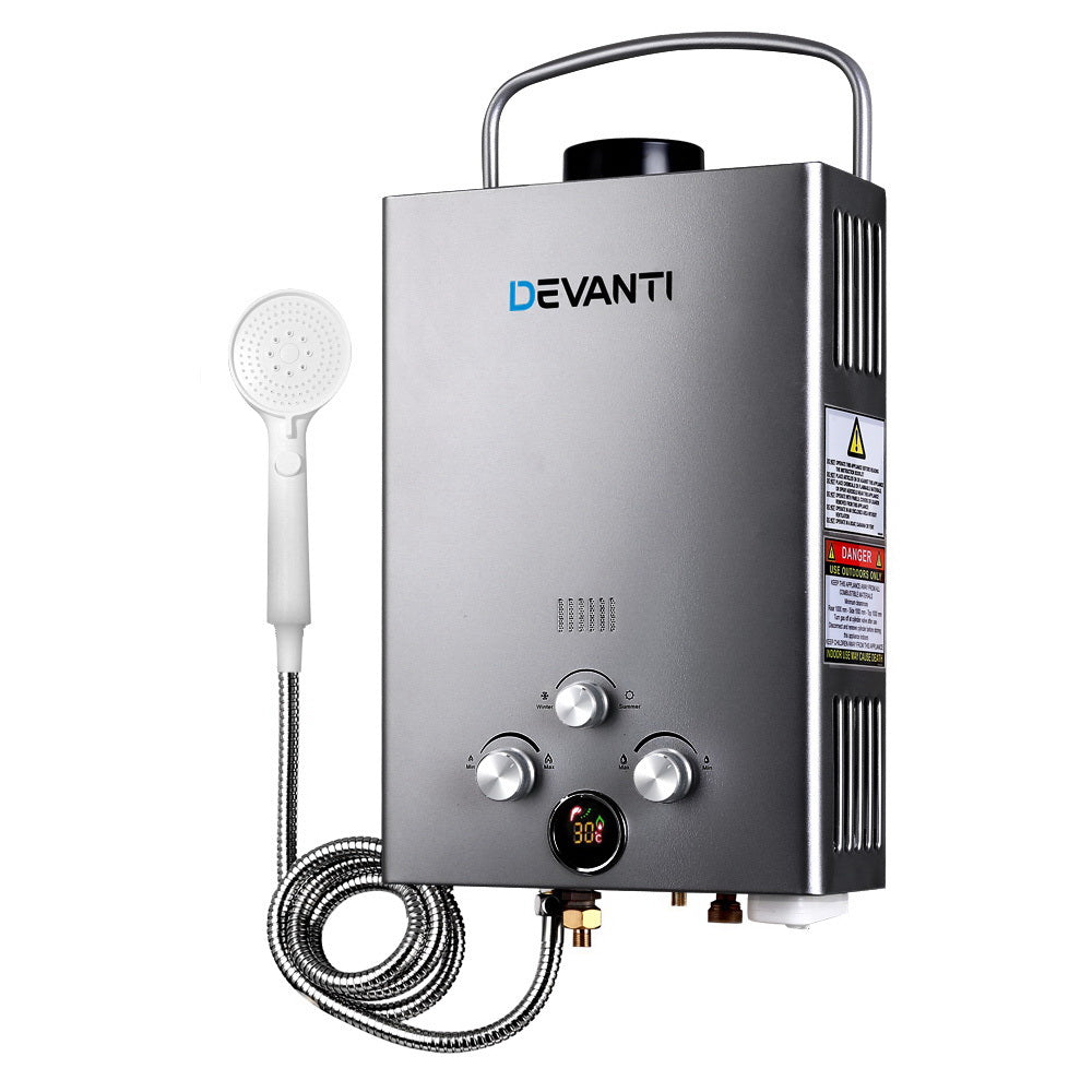 Devanti Gas Water Heater | Portable LPG | 8L/Min | With Pump | Grey