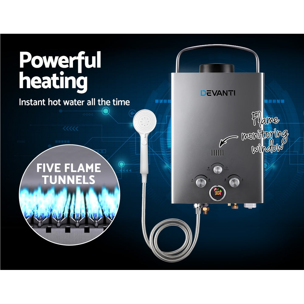 Devanti Gas Water Heater | Portable LPG | 8L/Min | With Pump | Grey