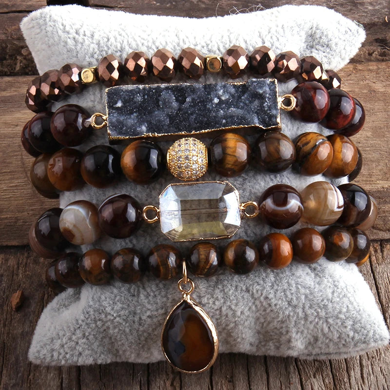 Wide Hippie Bracelet With Druzy Drop Charm | Handmade With Tiger Eye
