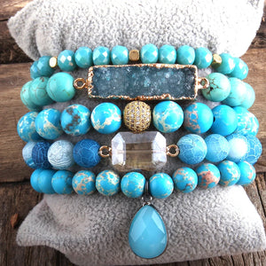 Wide Hippie Bracelet With Druzy Drop Charm | Handmade In Ocean Blue