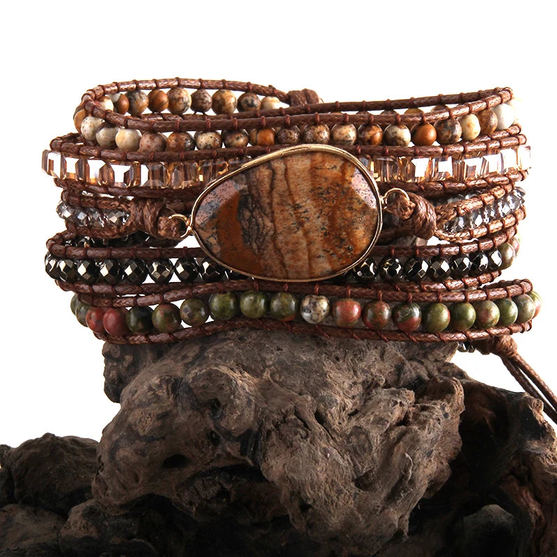 Brown 5 Strand Boho Beaded Bracelet With Natural Stones & Crystal Stone Charm