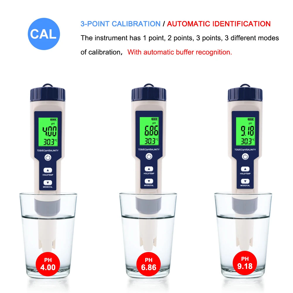 Digital 5 in 1 Water Meter | Tests pH + EC + TDS + Salinity + Temperature