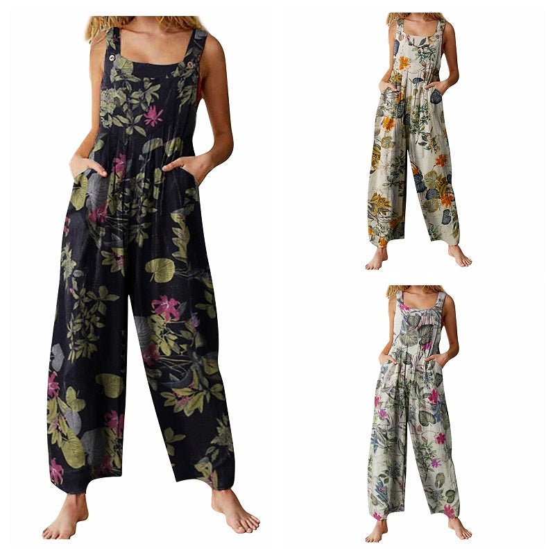 Bohemian Hippie Women's Summer Linen Cotton Jumpsuit | Sleeveless Backless Floral Leaf Print Overalls | Navy, Black, Beige | S - 2XL