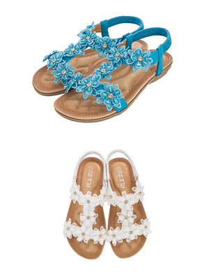 Comfortable Flat Sandals for Women |  Bohemia Flowers Rhinestone Beach Thongs | Available in Red, White, Black, and Blue