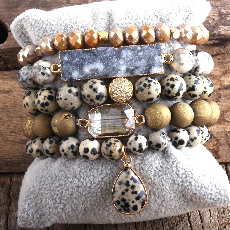 Wide Hippie Bracelet With Druzy Drop Charm | Handmade In Dalmatian Jasper