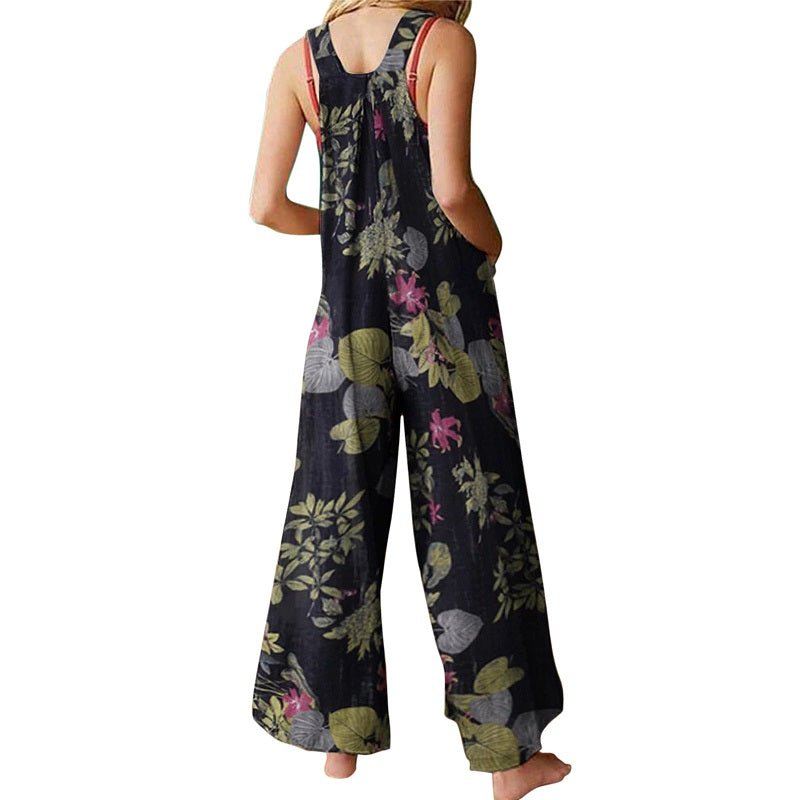 Bohemian Hippie Women's Summer Linen Cotton Jumpsuit | Sleeveless Backless Floral Leaf Print Overalls | Navy, Black, Beige | S - 2XL