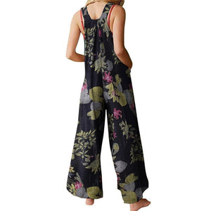 Bohemian Hippie Women's Summer Linen Cotton Jumpsuit | Sleeveless Backless Floral Leaf Print Overalls | Navy, Black, Beige | S - 2XL