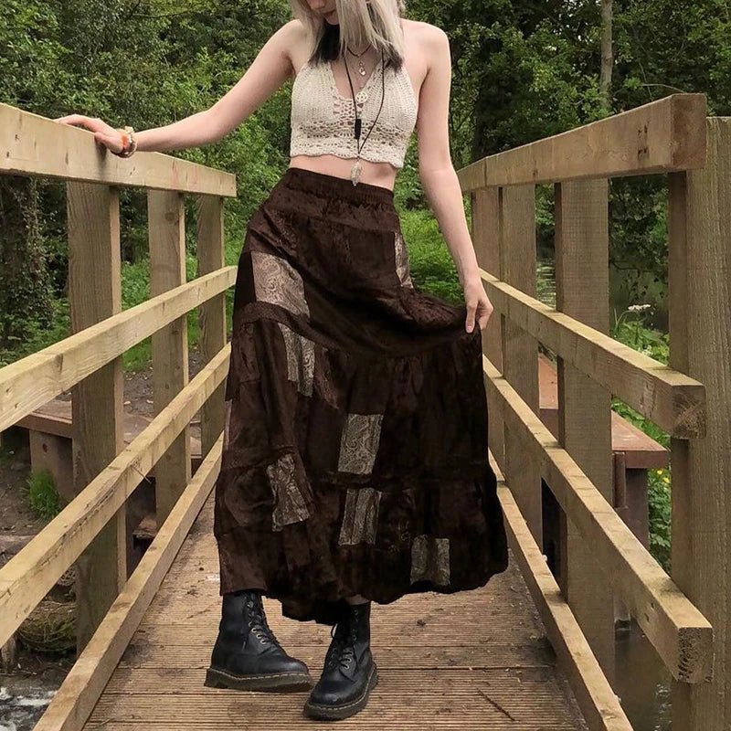 Bohemian Patchwork Maxi Skirt | Women’s Fairycore Gothic A - Line High Waist Skirt | Brown | S - XL