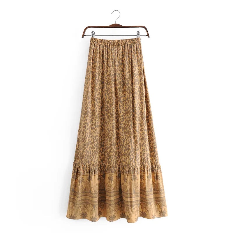 Women's Golden Leopard Printed Long Skirt | Sizes S-XL
