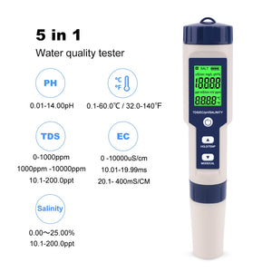 Digital 5 in 1 Water Meter | Tests pH + EC + TDS + Salinity + Temperature