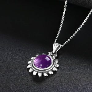 Hippie Sun 925 Silver Necklace With Amethyst Center Stone