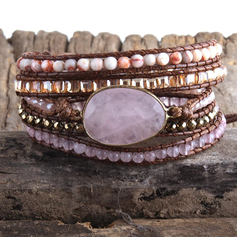 Pink 5 Strand Boho Beaded Bracelet With Natural Stones & Crystal Stone Charm