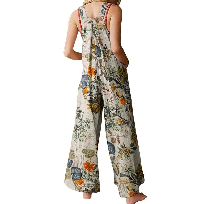 Bohemian Hippie Women's Summer Linen Cotton Jumpsuit | Sleeveless Backless Floral Leaf Print Overalls | Navy, Black, Beige | S - 2XL