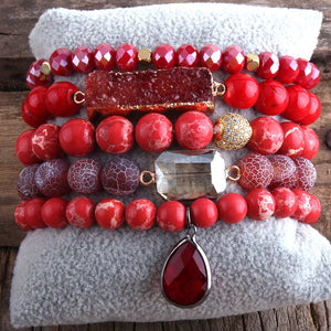 Wide Hippie Bracelet With Druzy Drop Charm | Handmade In Red