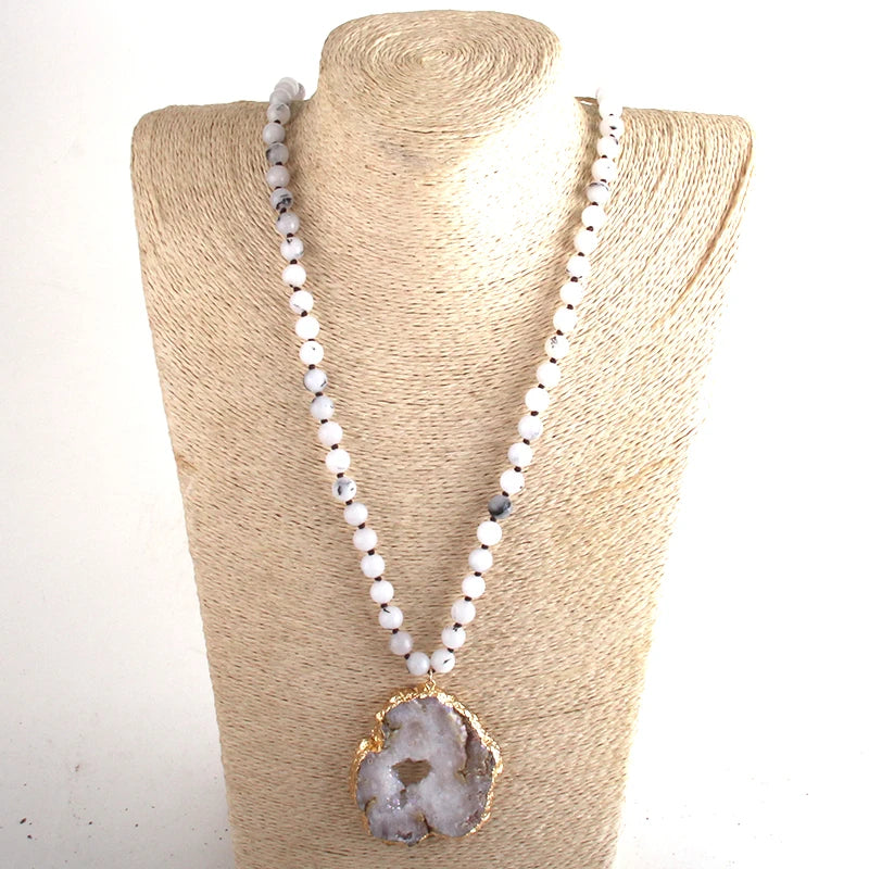 White Bohemian Pendant Necklace With Large Druzy Stone