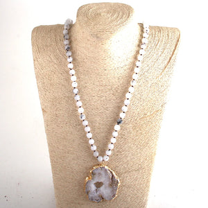 White Bohemian Pendant Necklace With Large Druzy Stone