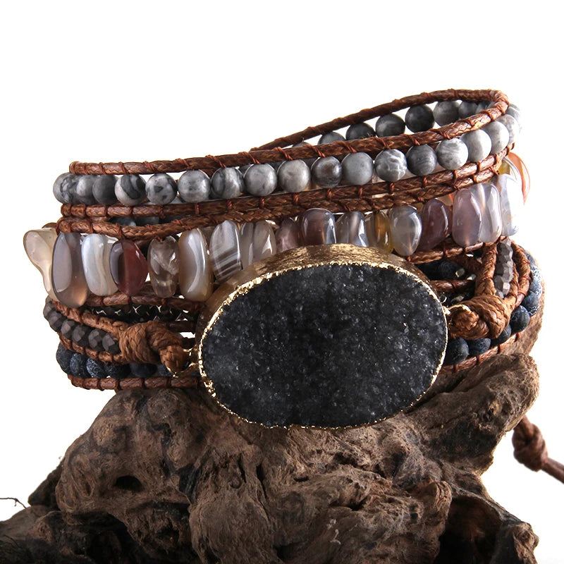 Hippie Styled Bracelet With Large Druzy Stone Charm | Handmade In Grey