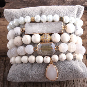 Wide Hippie Bracelet With Druzy Drop Charm | Handmade In Pearl White