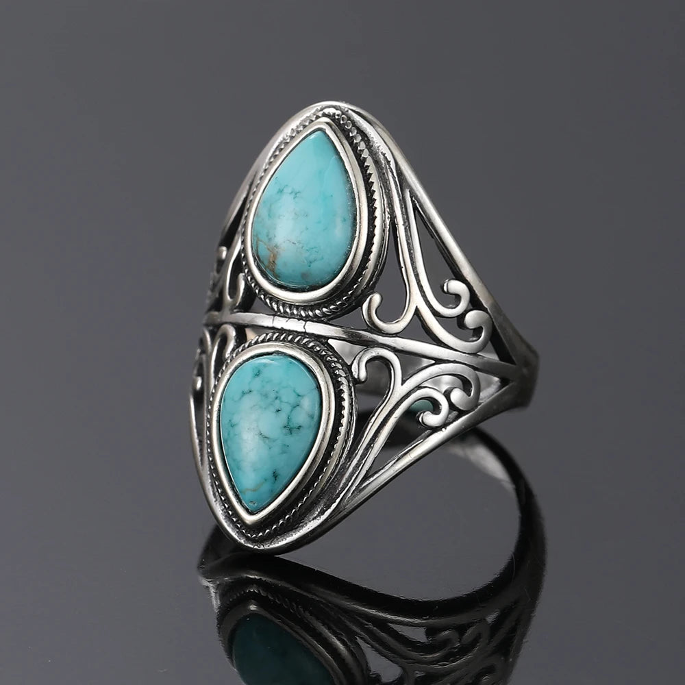 Unique Duel Turquoise Stoned Bohemian Finger Ring | Size 6-10