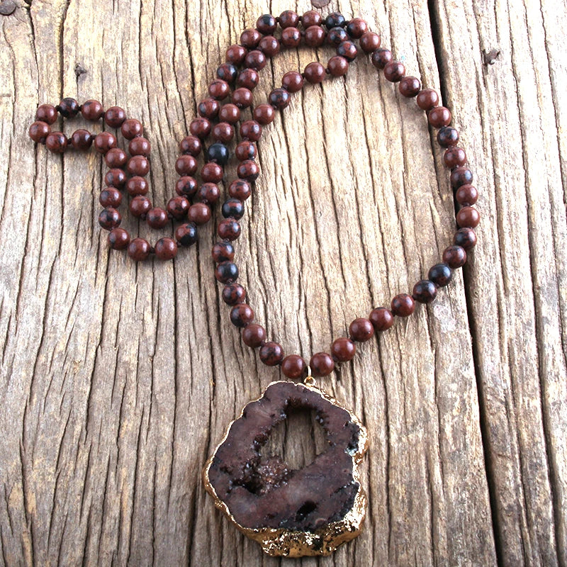 Brown Bohemian Pendant Necklace With Large Druzy Stone