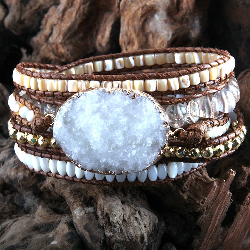 Hippie Styled Bracelet With Large Druzy Stone Charm | Handmade In White