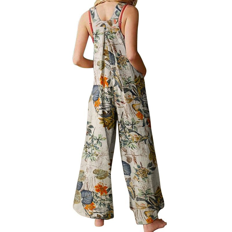 Bohemian Hippie Women's Summer Linen Cotton Jumpsuit | Sleeveless Backless Floral Leaf Print Overalls | Navy, Black, Beige | S - 2XL