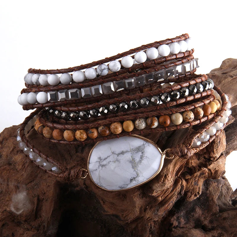 white 5 Strand Boho Beaded Bracelet With Natural Stones & Crystal Stone Charm