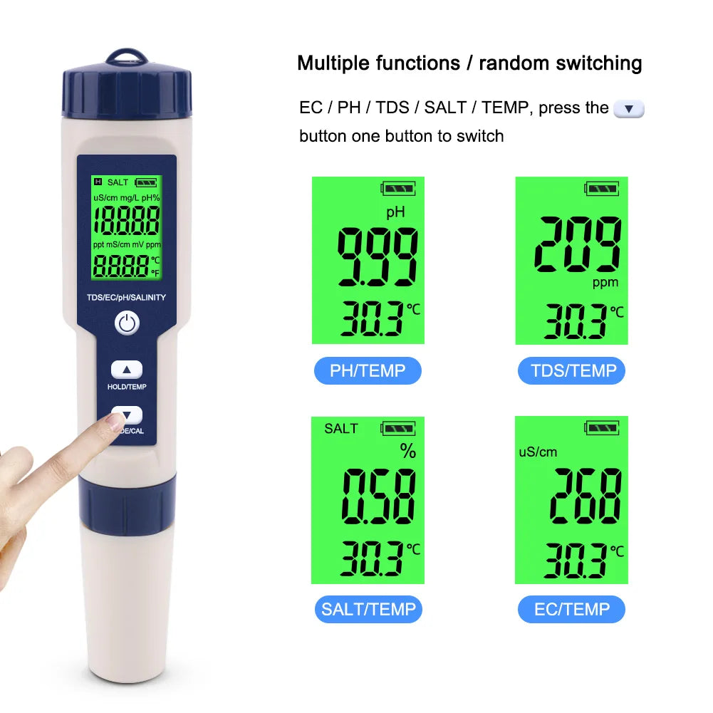 Digital 5 in 1 Water Meter | Tests pH + EC + TDS + Salinity + Temperature