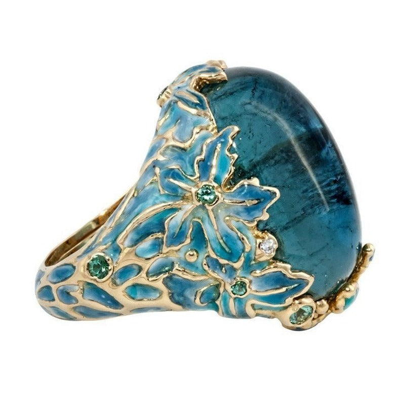 Unique Blue Enamel Flower Ring | Sizes 6-11