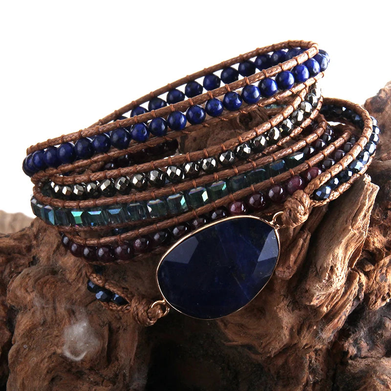 Navy Blue 5 Strand Boho Beaded Bracelet With Natural Stones & Crystal Stone Charm