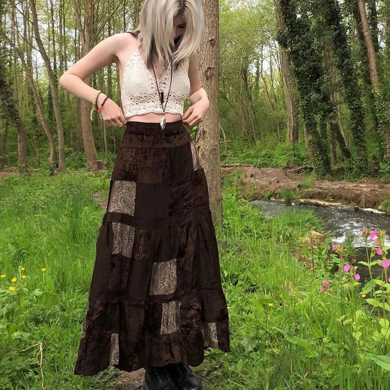 Bohemian Patchwork Maxi Skirt | Women’s Fairycore Gothic A - Line High Waist Skirt | Brown | S - XL